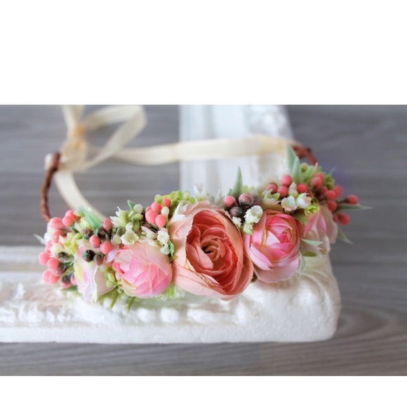 NWT Flower Halo Floral Crown Tie Back Photo Prop Fairy Peach nb 3m 6m 12m #TPPH - Picture 7 of 8